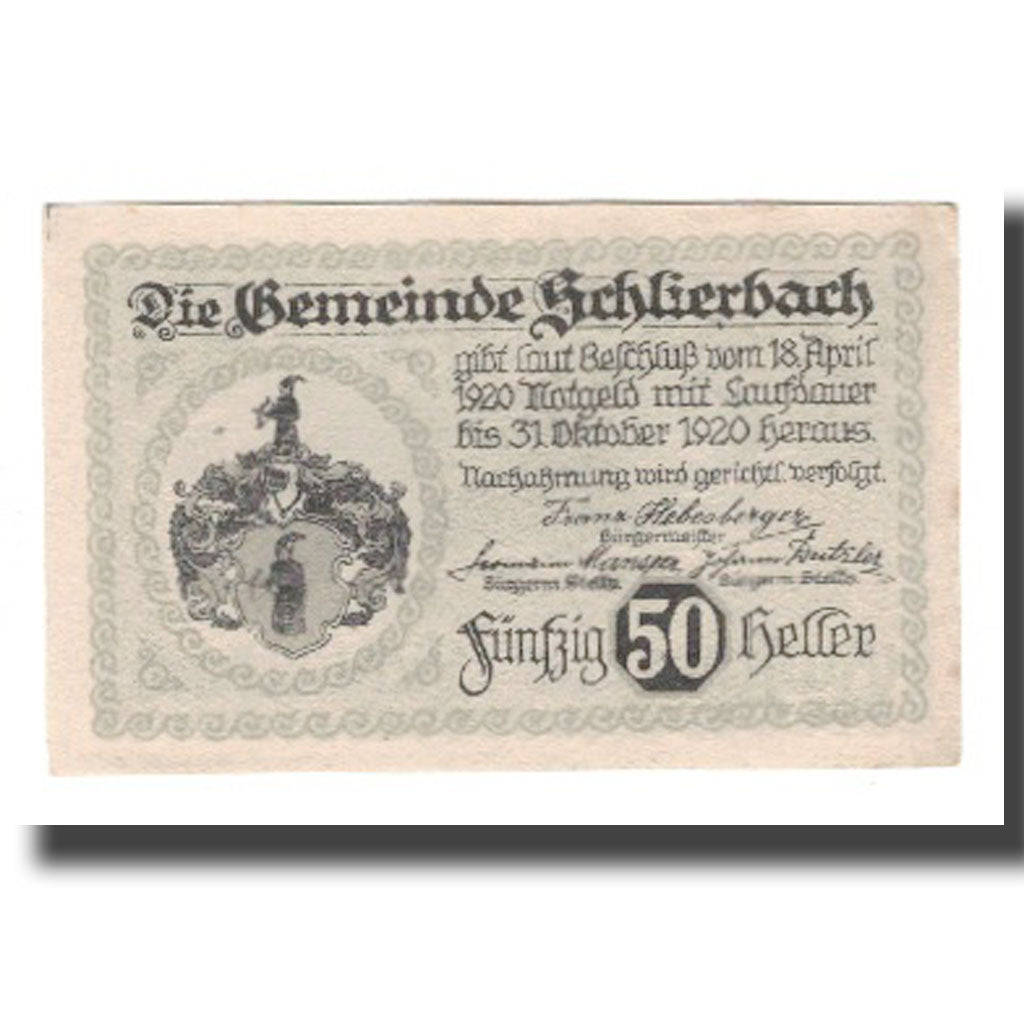 Banknote, Austria, Schlierbach O.Ö. Gemeinde, 50 Heller, Blason 1, 1920