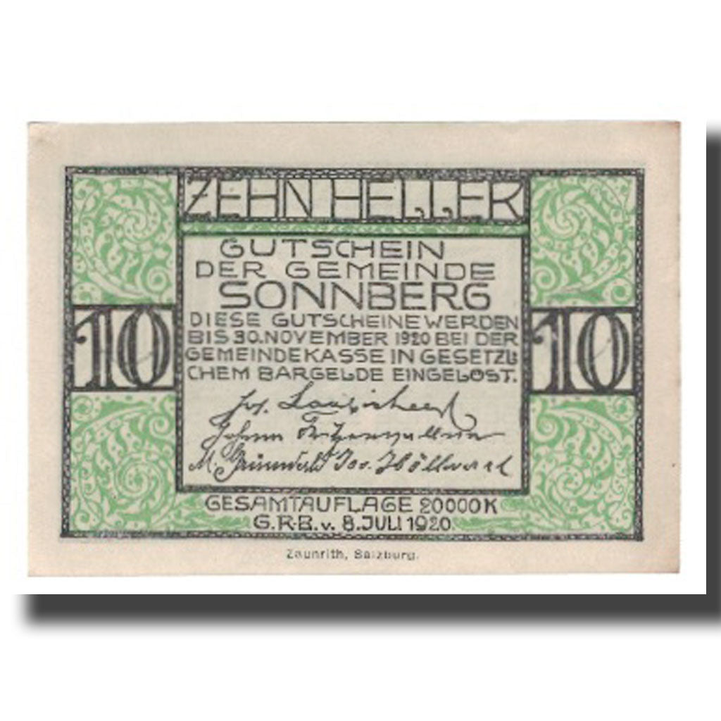 Nota, Áustria, Sonnberg O.Ö. Gemeinde, 10 Heller, personnage 1, 1920