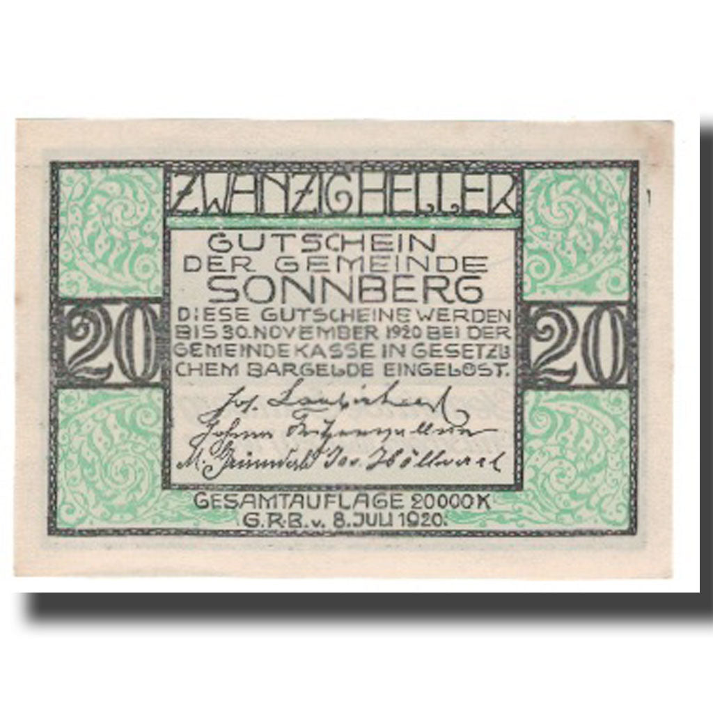 Banknote, Austria, Sonnberg O.Ö. Gemeinde, 20 Heller, paysage 1, 1920