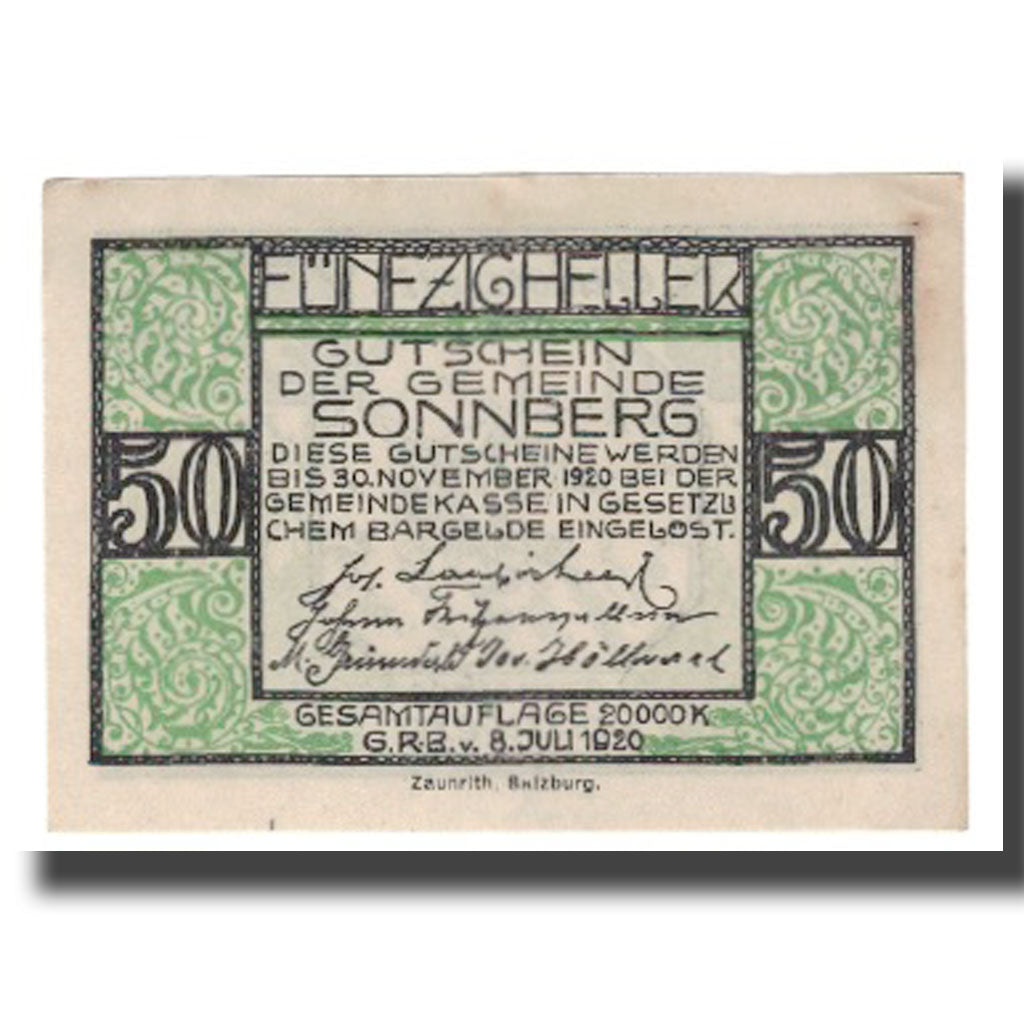 Banknote, Austria, Sonnberg O.Ö. Gemeinde, 50 Heller, personnage 2, 1920