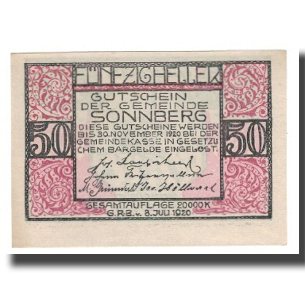Banknote, Austria, Sonnberg O.Ö. Gemeinde, 50 Heller, personnage 3, 1920