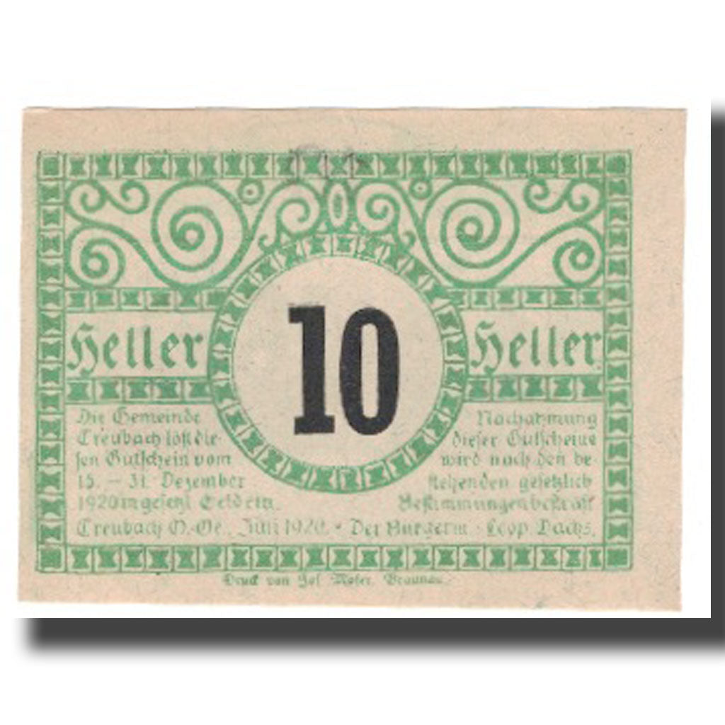 Nota, Áustria, Treubach O.Ö. Gemeinde, 10 Heller, personnage, 1920, UNC(63)