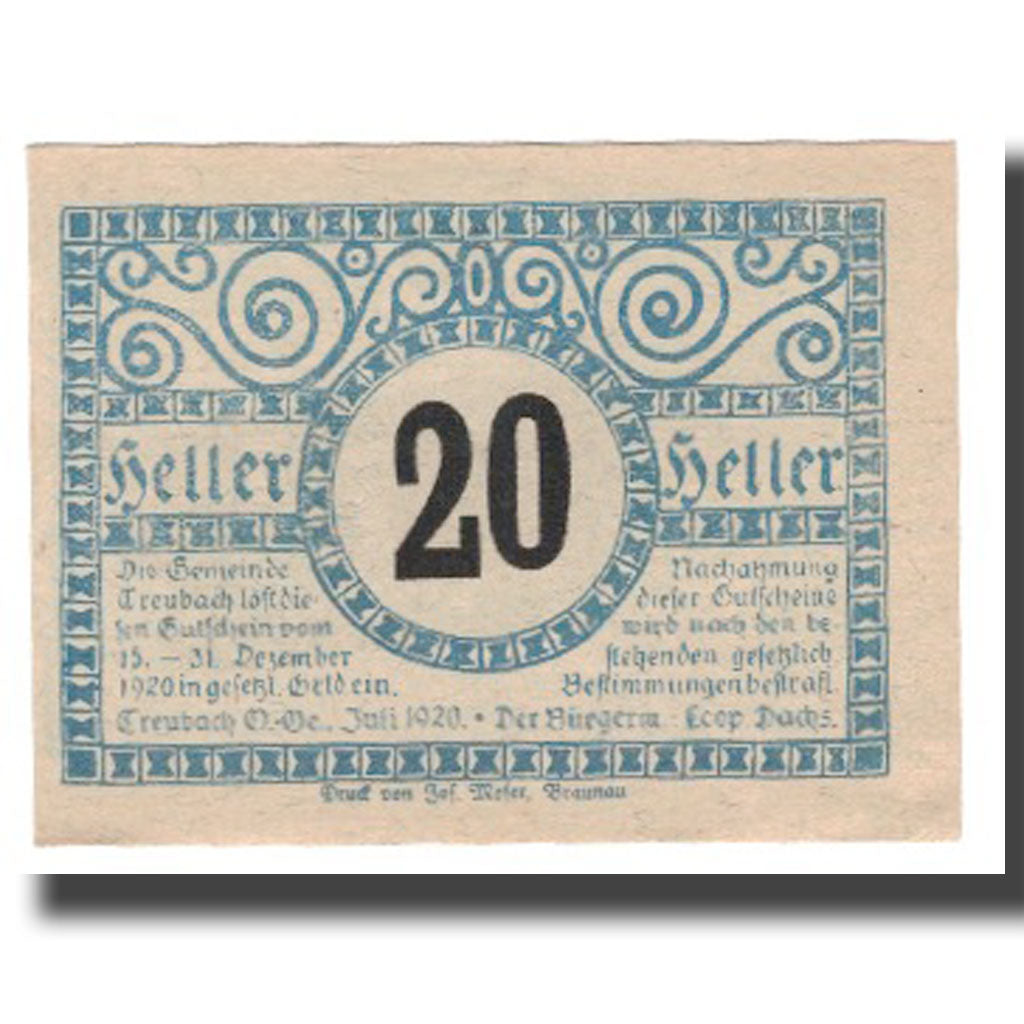 Banknote, Austria, Treubach O.Ö. Gemeinde, 20 Heller, personnage 1, 1920