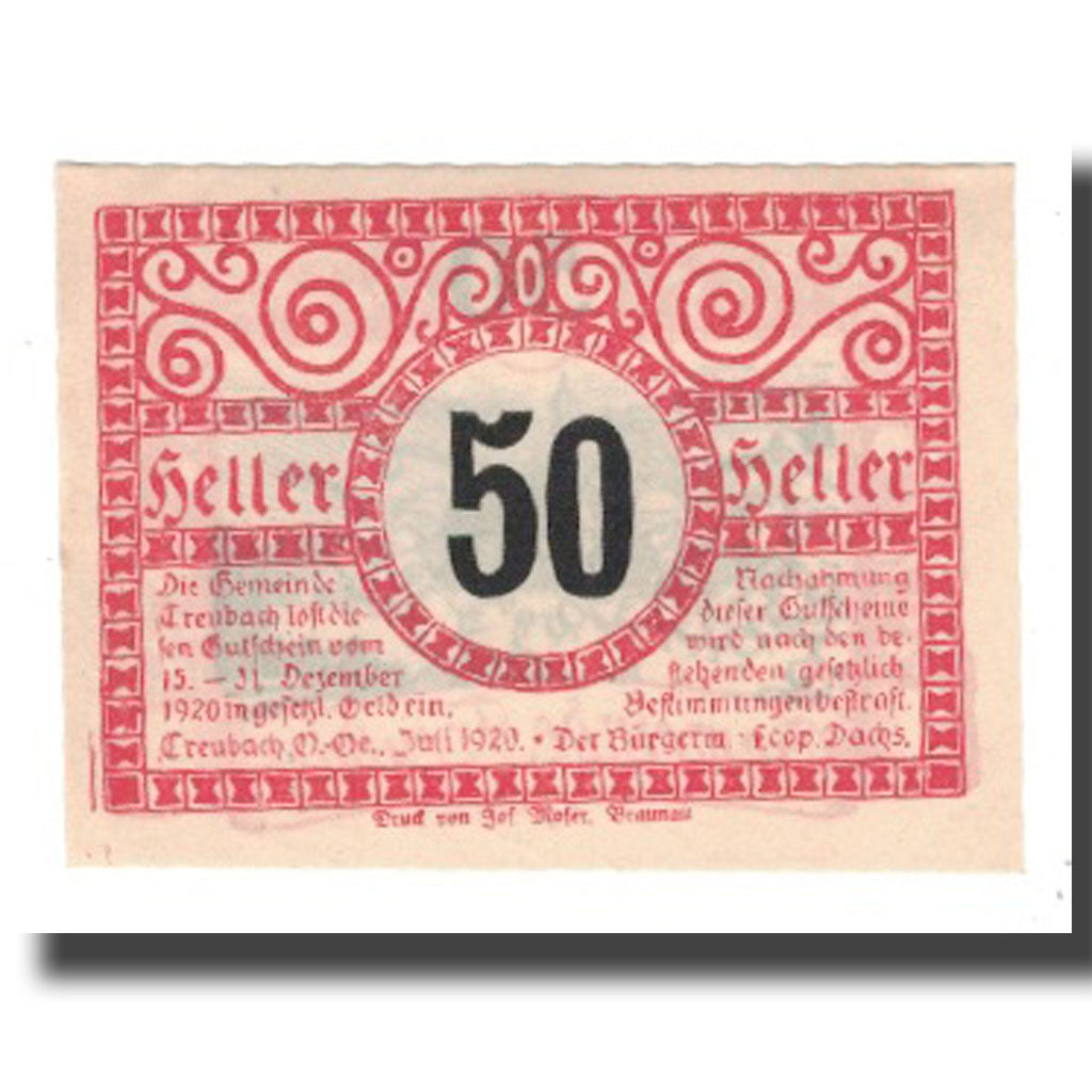 Billet, Autriche, Treubach O.Ö. Gemeinde, 50 Heller, paysage, 1920, SPL