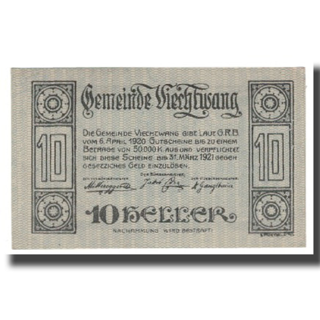 Banknote, Austria, Viechtwang O.Ö. Gemeinde, 10 Heller, personnage 1, 1920