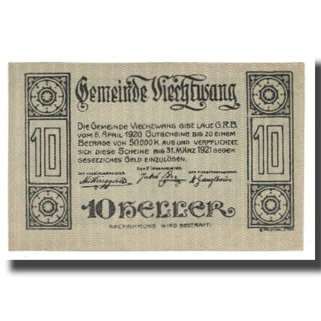 Billet, Autriche, Viechtwang O.Ö. Gemeinde, 10 Heller, personnage 2, 1920