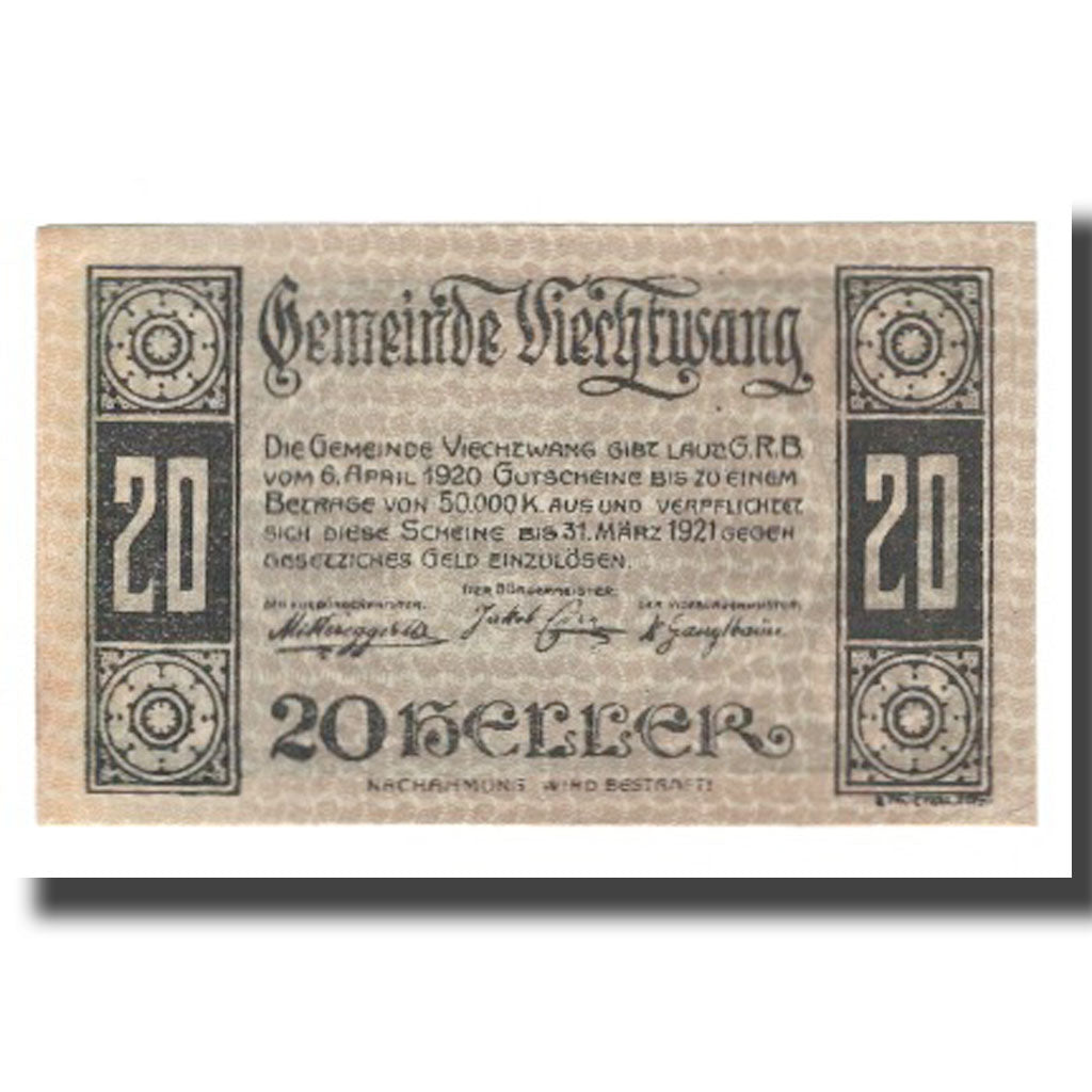 Geldschein, Österreich, Viechtwang O.Ö. Gemeinde, 20 Heller, paysage, 1920