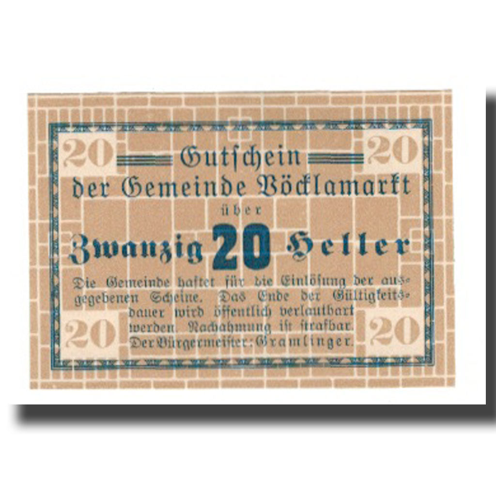 Nota, Áustria, Vöcklamarkt O.Ö. Gemeinde, 20 Heller, N.D, UNC(63)