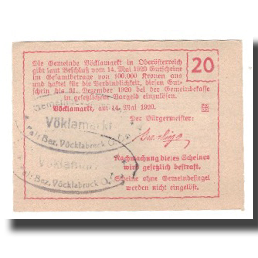 Geldschein, Österreich, Vöcklamarkt O.Ö. Gemeinde, 20 Heller, texte 1, 1920