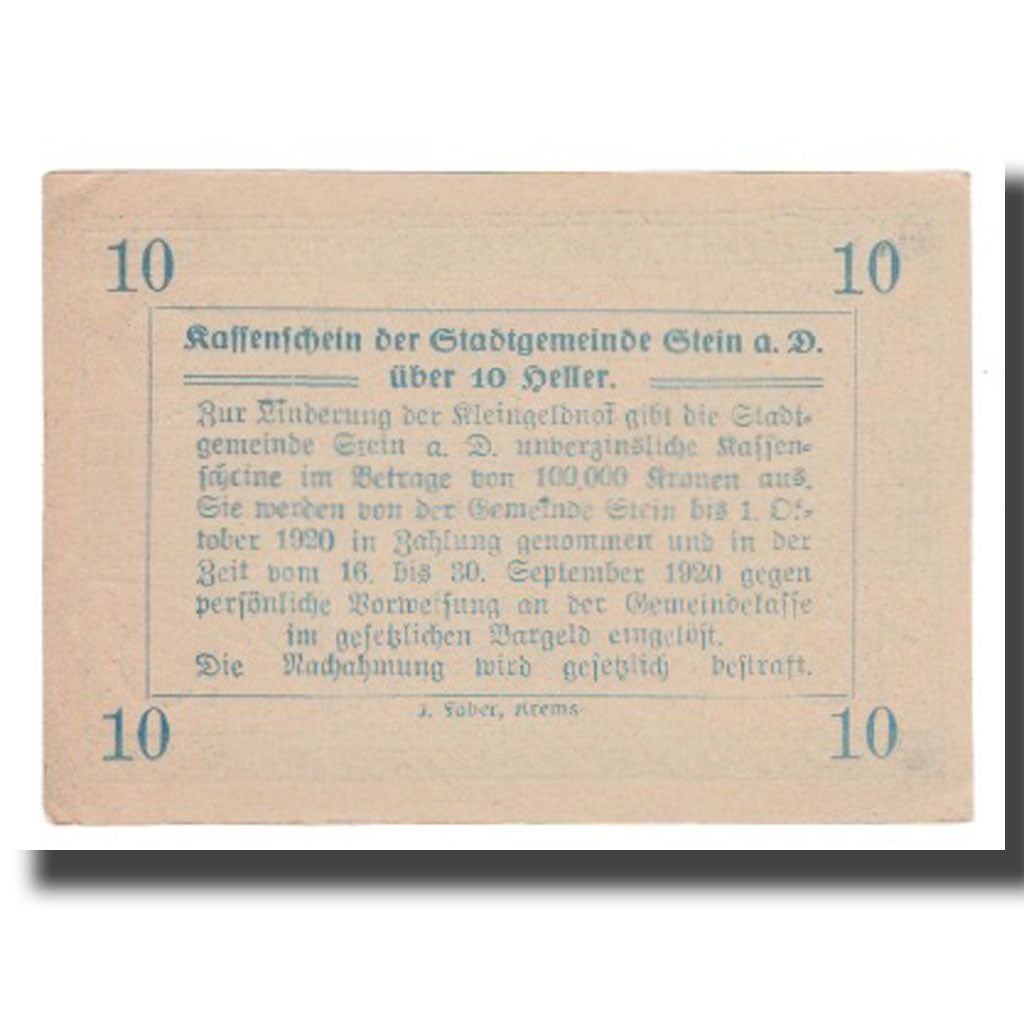 Nota, Áustria, Stein an der Donau, 10 Heller, Texte, 1920, 1920-04-09, UNC(63)
