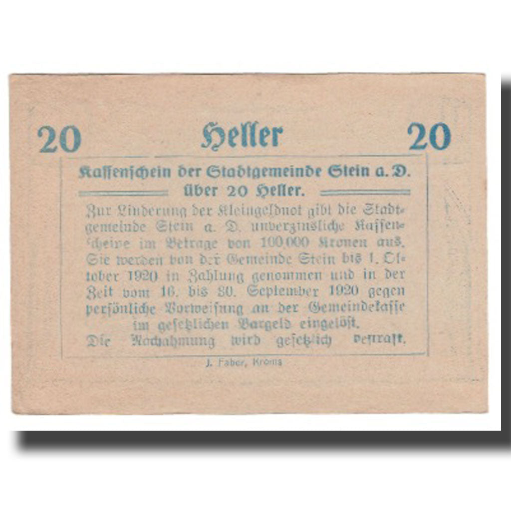 Banknote, Austria, Stein an der Donau, 20 Heller, texte 1, 1920, 1920-04-09