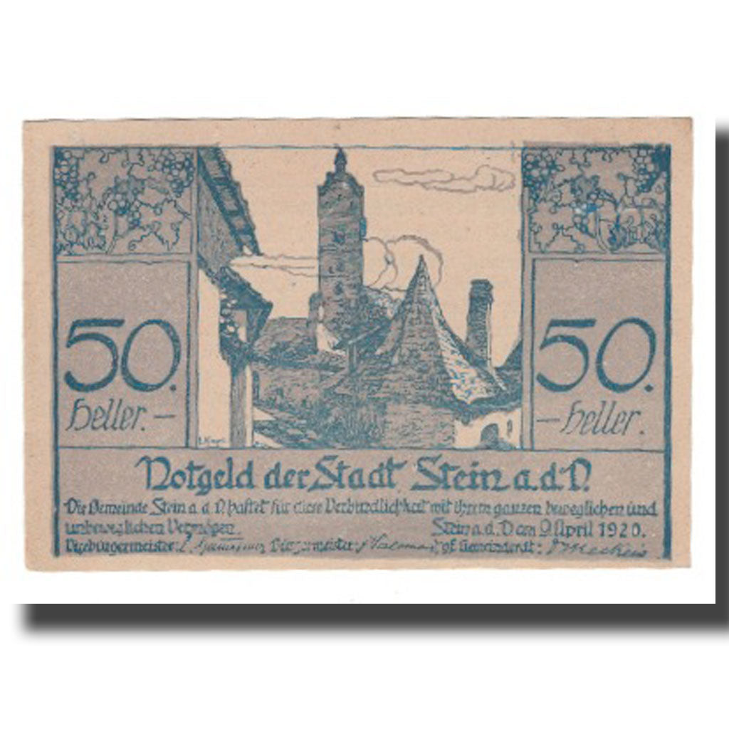 Nota, Áustria, Stein an der Donau, 50 Heller, Texte 2, 1920, 1920-04-09