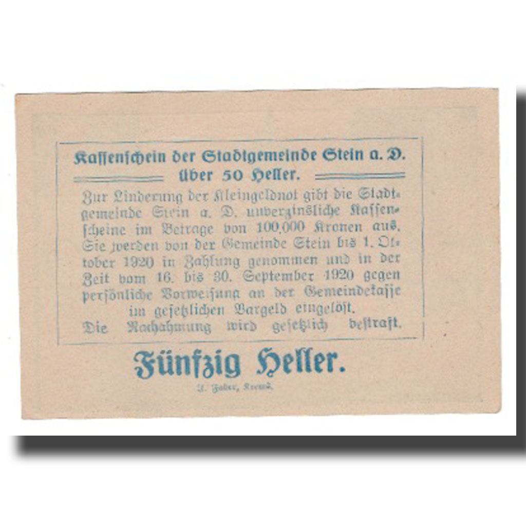 Nota, Áustria, Stein an der Donau, 50 Heller, Texte 2, 1920, 1920-04-09