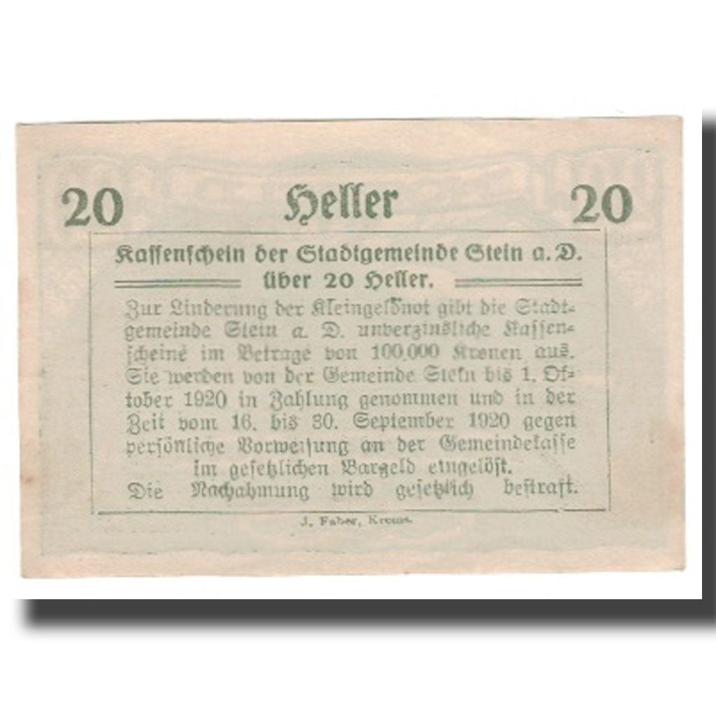 Banknote, Austria, Stein an der Donau, 20 Heller, Texte 4, 1920, 1920-04-09
