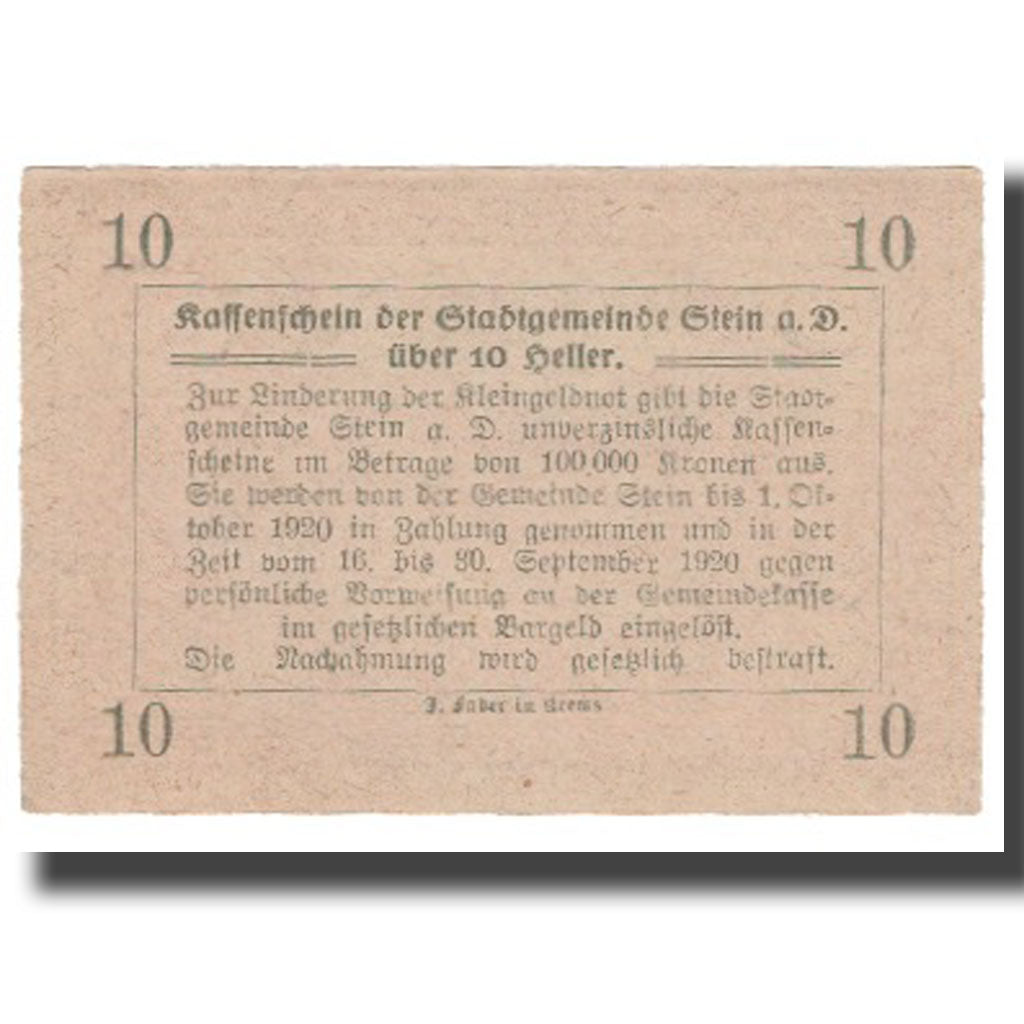 Billete, Austria, Stein an der Donau, 10 Heller, Texte 6, 1920, 1920-04-09, SC