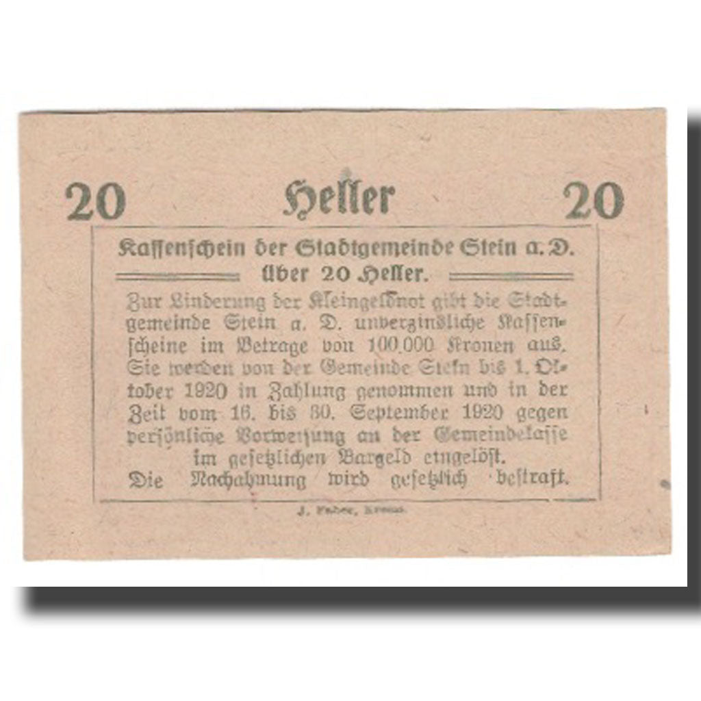 Banknote, Austria, Stein an der Donau, 20 Heller, Texte 7, 1920, 1920-04-09