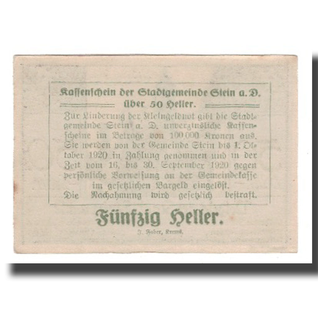 Banknote, Austria, Stein an der Donau, 50 Heller, Texte 8, 1920, 1920-04-09