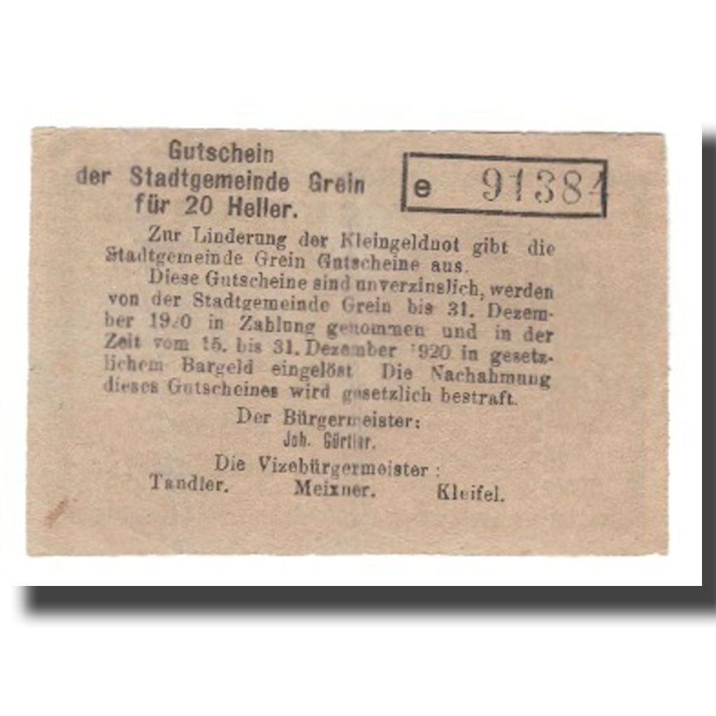 Geldschein, Österreich, Grein, 20 Heller, Texte, 1920, 1920-12-31, VZ, Mehl:FS