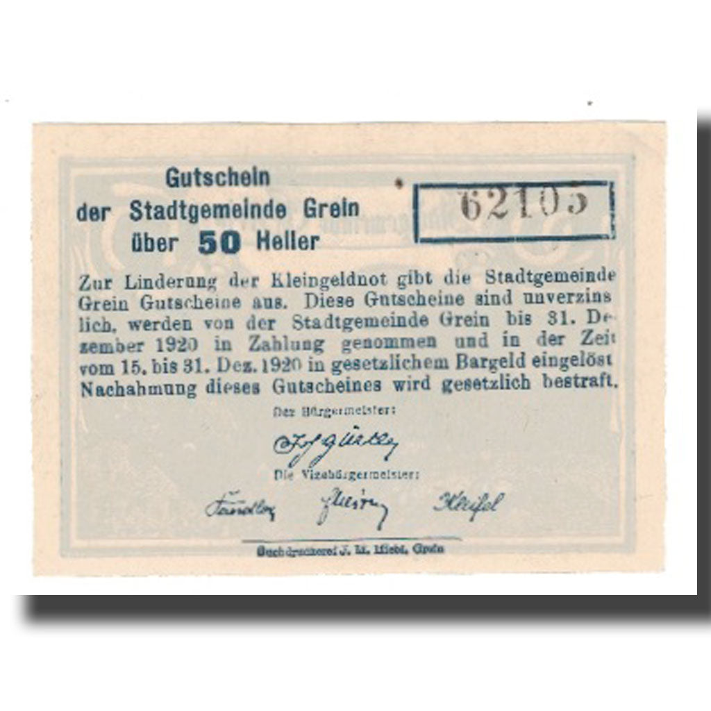 Banknote, Austria, Grein, 50 Heller, Texte, 1920, 1920-12-31, UNC(65-70)