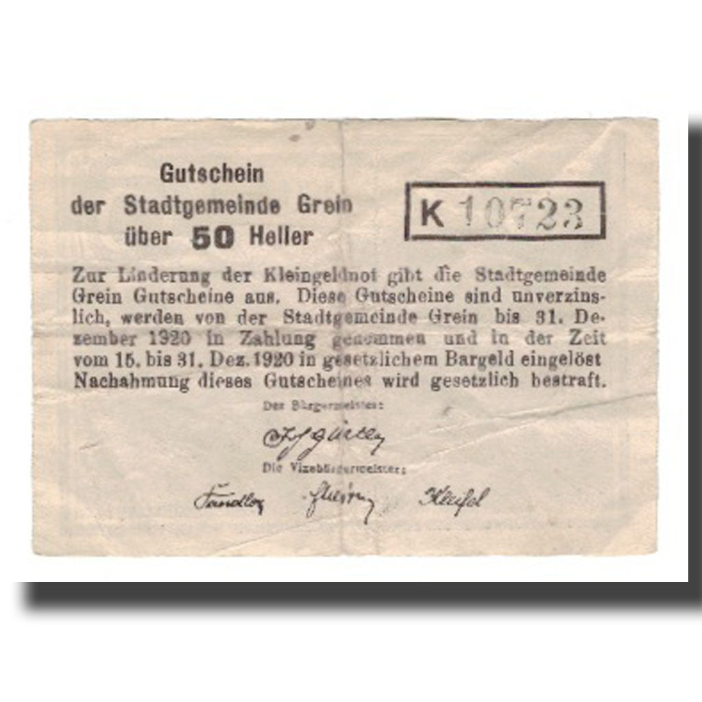 Billet, Autriche, Grein, 50 Heller, texte 1, 1920, 1920-12-31, TTB, Mehl:FS