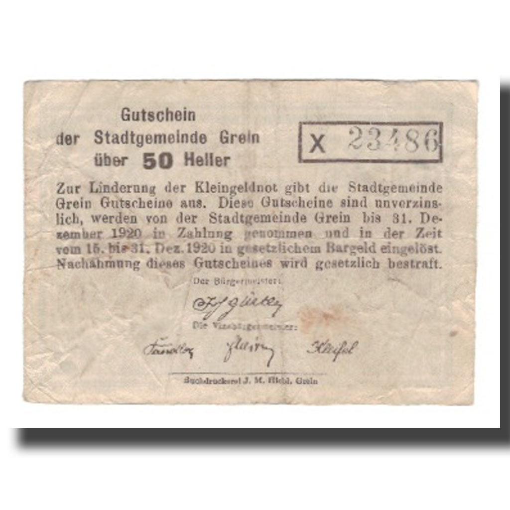 Billete, Austria, Grein, 50 Heller, Texte 2, 1920, 1920-12-31, MBC, Mehl:FS