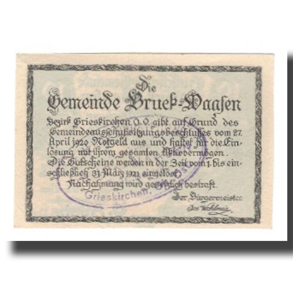 Billete, Austria, Bruck-Waasen, 50 Heller, Texte 4, 1921, 1921-03-31, UNC