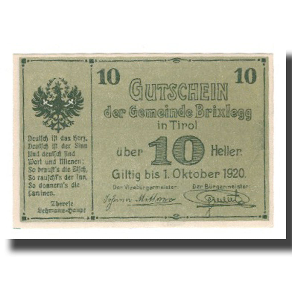Banknote, Austria, Brixlegg, 10 Heller, paysage, 1920, 1920-10-31, UNC(65-70)