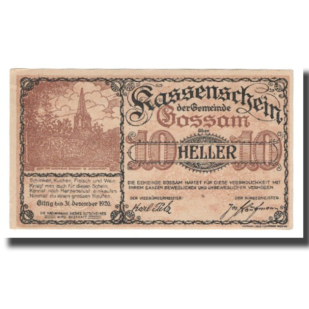 Banknote, Austria, Gossam, 10 Heller, N.D, 1920, 1920-12-31, AU(55-58), Mehl:FS