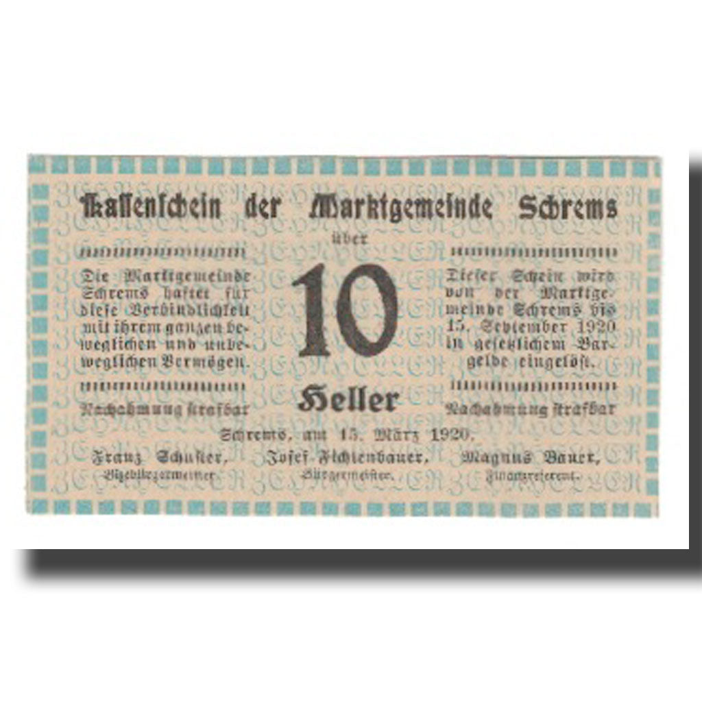 Banknote, Austria, Schrems, 10 Heller, N.D, 1920, 1920-09-15, UNC(65-70)