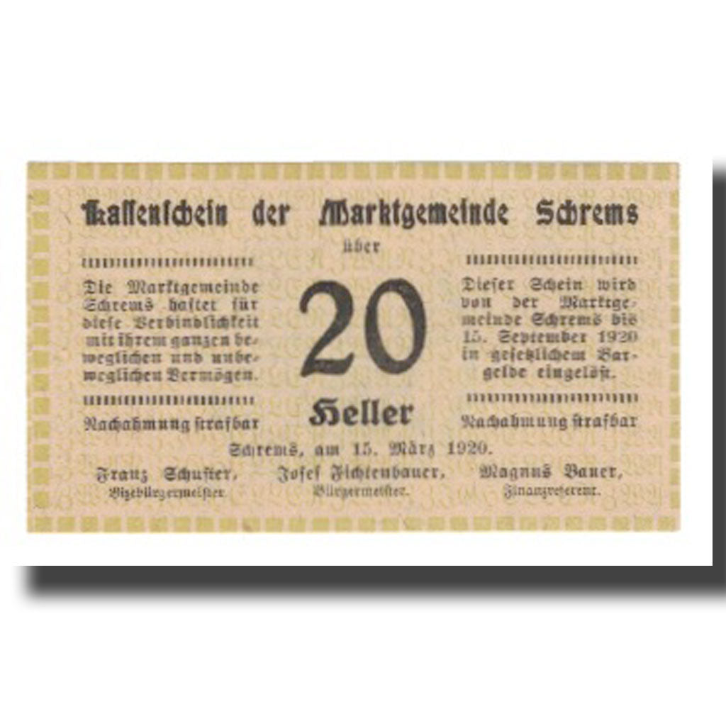 Billete, Austria, Schrems, 20 Heller, N.D, 1920, 1920-09-15, UNC, Mehl:FS 972Ib