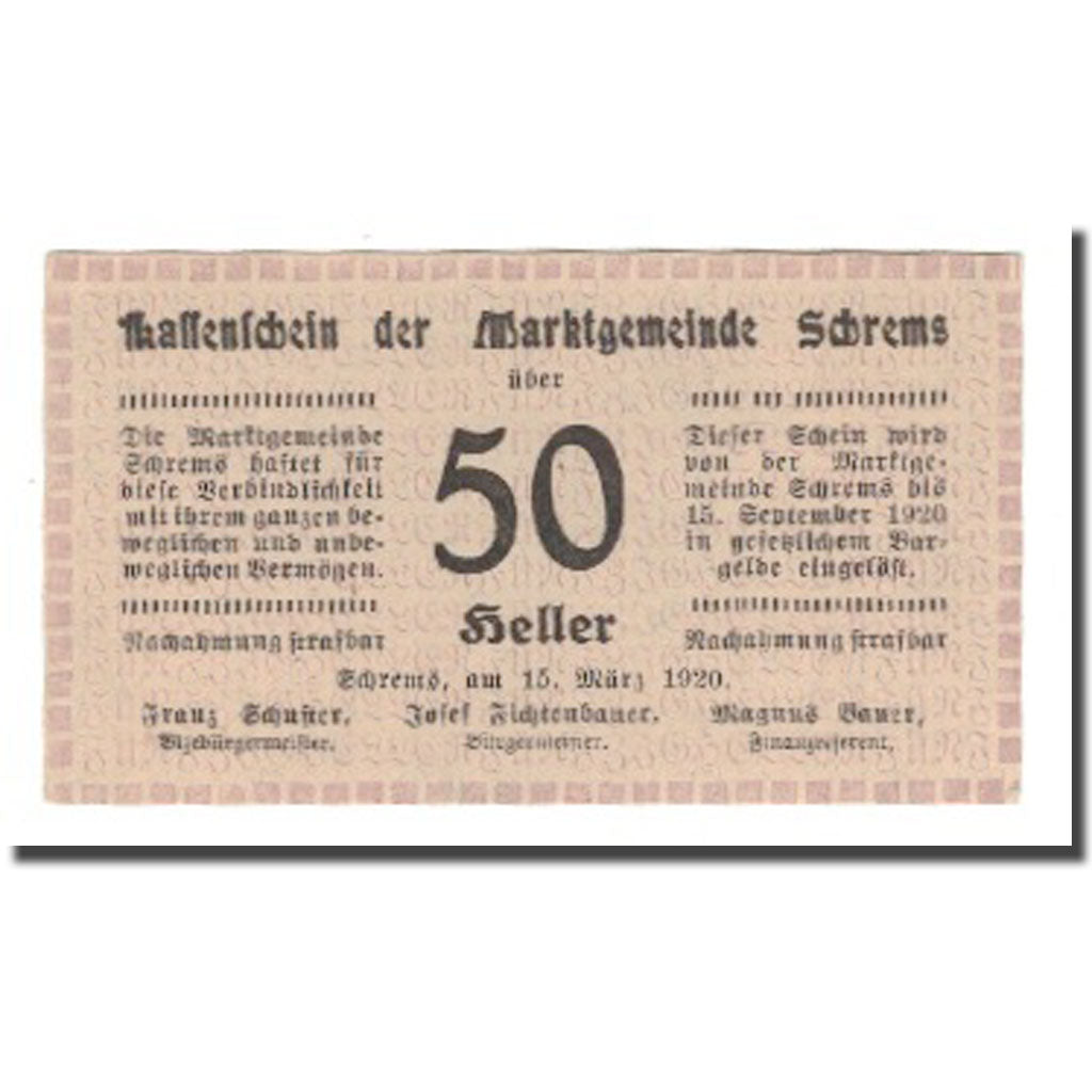 Banknote, Austria, Schrems, 50 Heller, N.D, 1920, 1920-09-15, UNC(65-70)