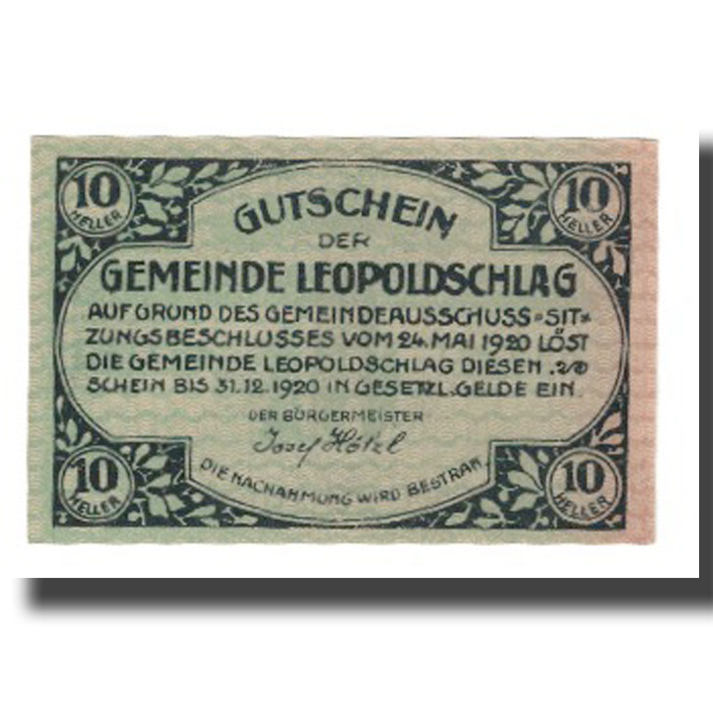 Banknote, Austria, Leopoldschlag, 10 Heller, arbre, 1920, 1920-12-31
