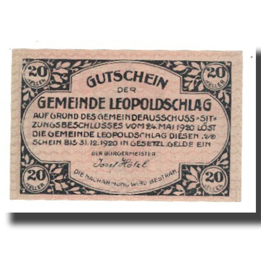 Billete, Austria, Leopoldschlag, 20 Heller, Blason, 1920, 1920-12-31, UNC