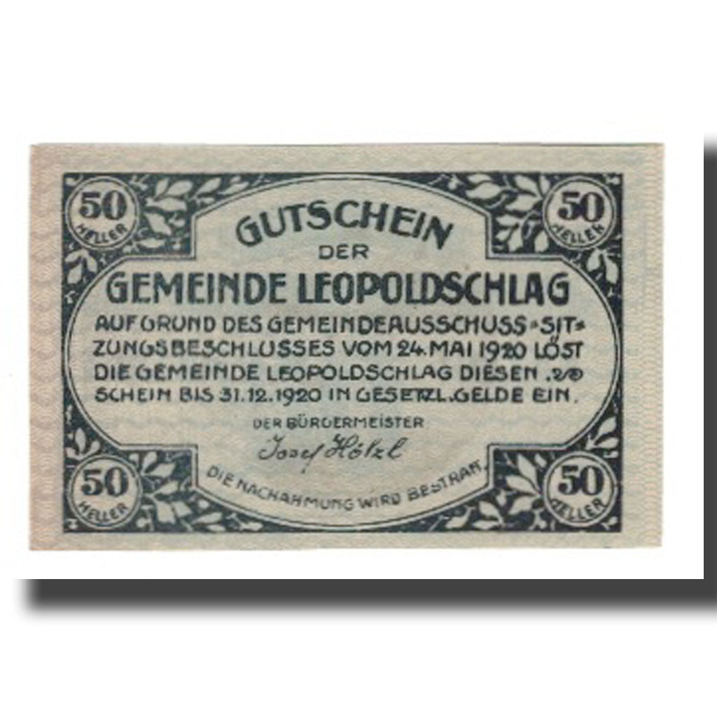 Banknote, Austria, Leopoldschlag, 50 Heller, village, 1920, 1920-12-31