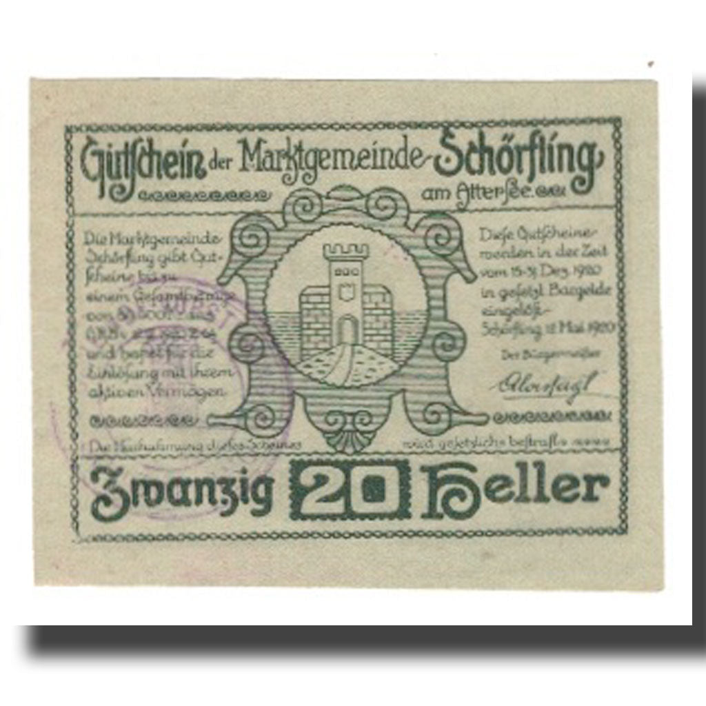 Banknote, Austria, Schörfling am Attersee O.Ö. Marktgemeinde, 20 Heller