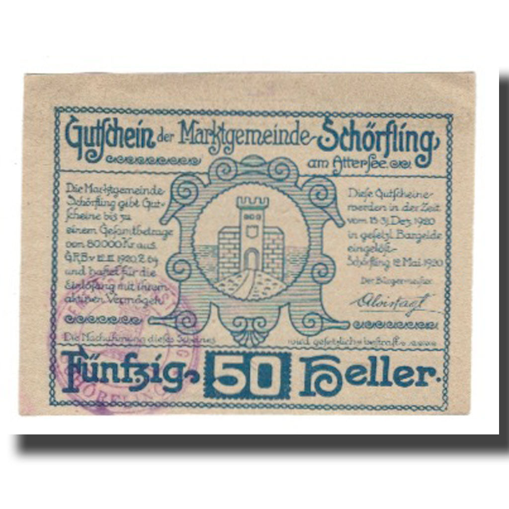Banknote, Austria, Schörfling am Attersee O.Ö. Marktgemeinde, 50 Heller