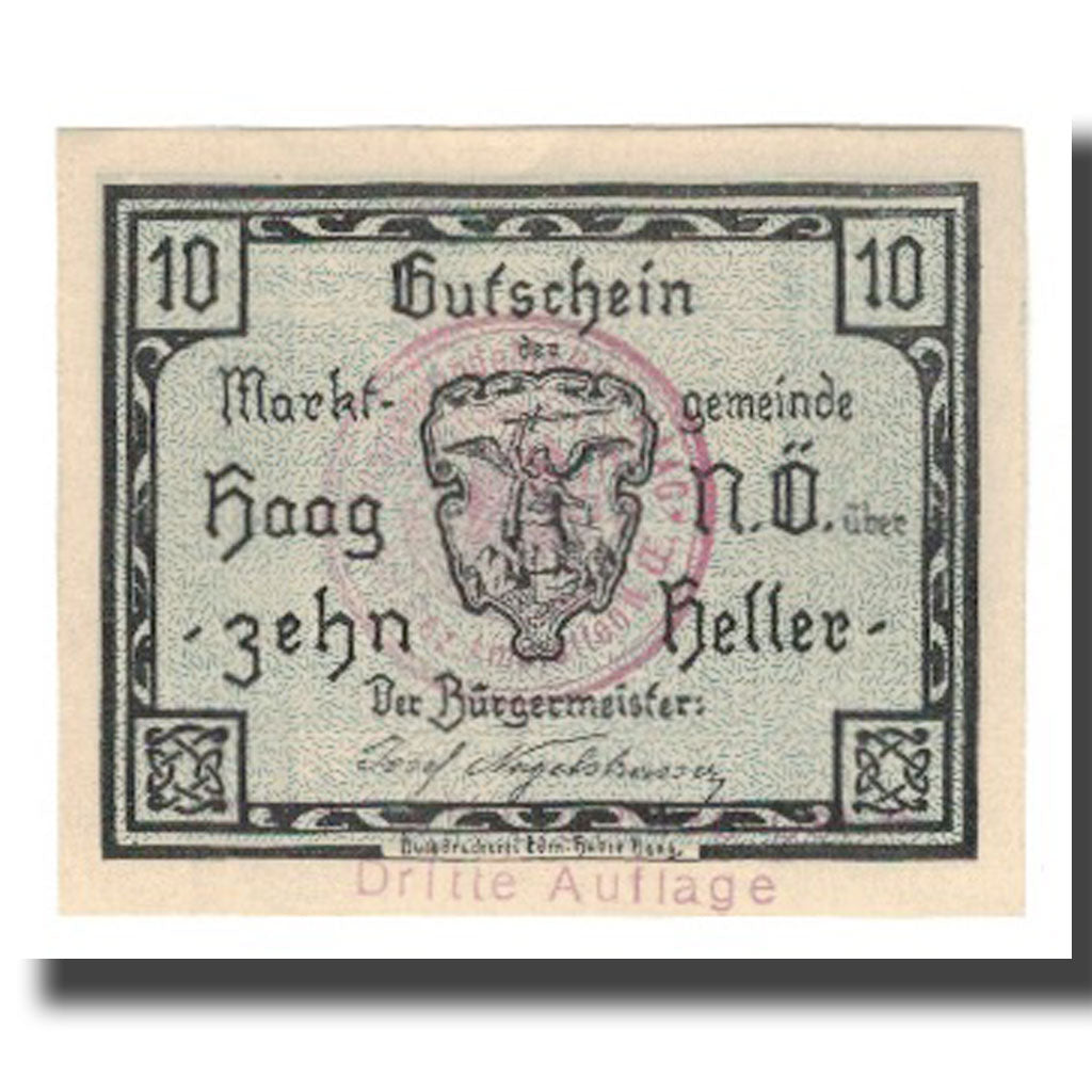 Banknote, Austria, Haag, 10 Heller, rue, 1920, 1920-12-31, UNC(65-70), Mehl:FS