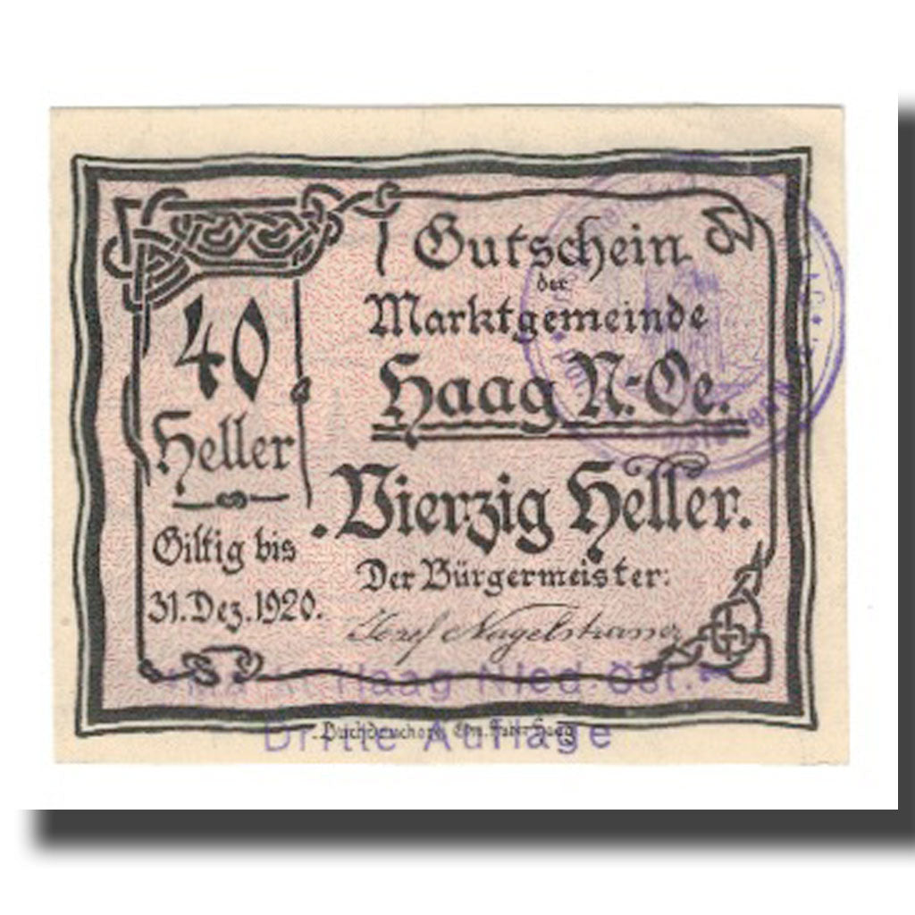 Billete, Austria, Haag, 40 Heller, village 2, 1920, 1920-12-31, UNC, Mehl:FS