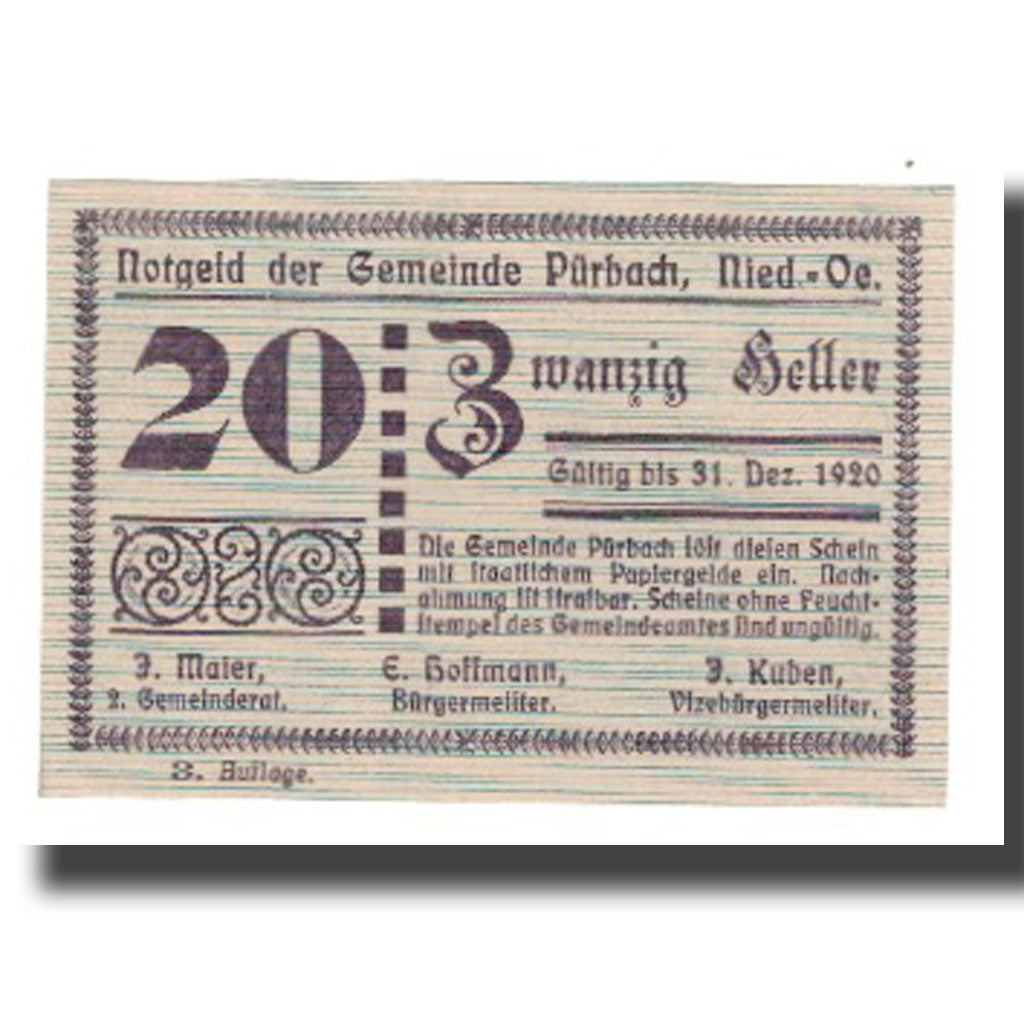 Geldschein, Österreich, Pürbach, 20 Heller, Texte, 1920, 1920-12-31, UNZ