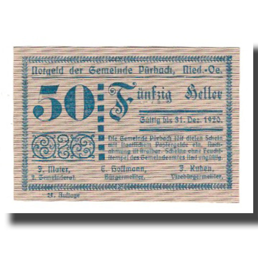 Banknote, Austria, Pürbach, 50 Heller, texte 1, 1920, 1920-12-31, UNC(65-70)