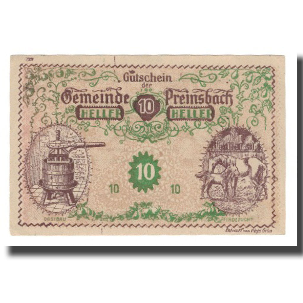 Billete, Austria, Preinsbach N.Ö. Gemeinde, 10 Heller, Texte, 1920, UNC