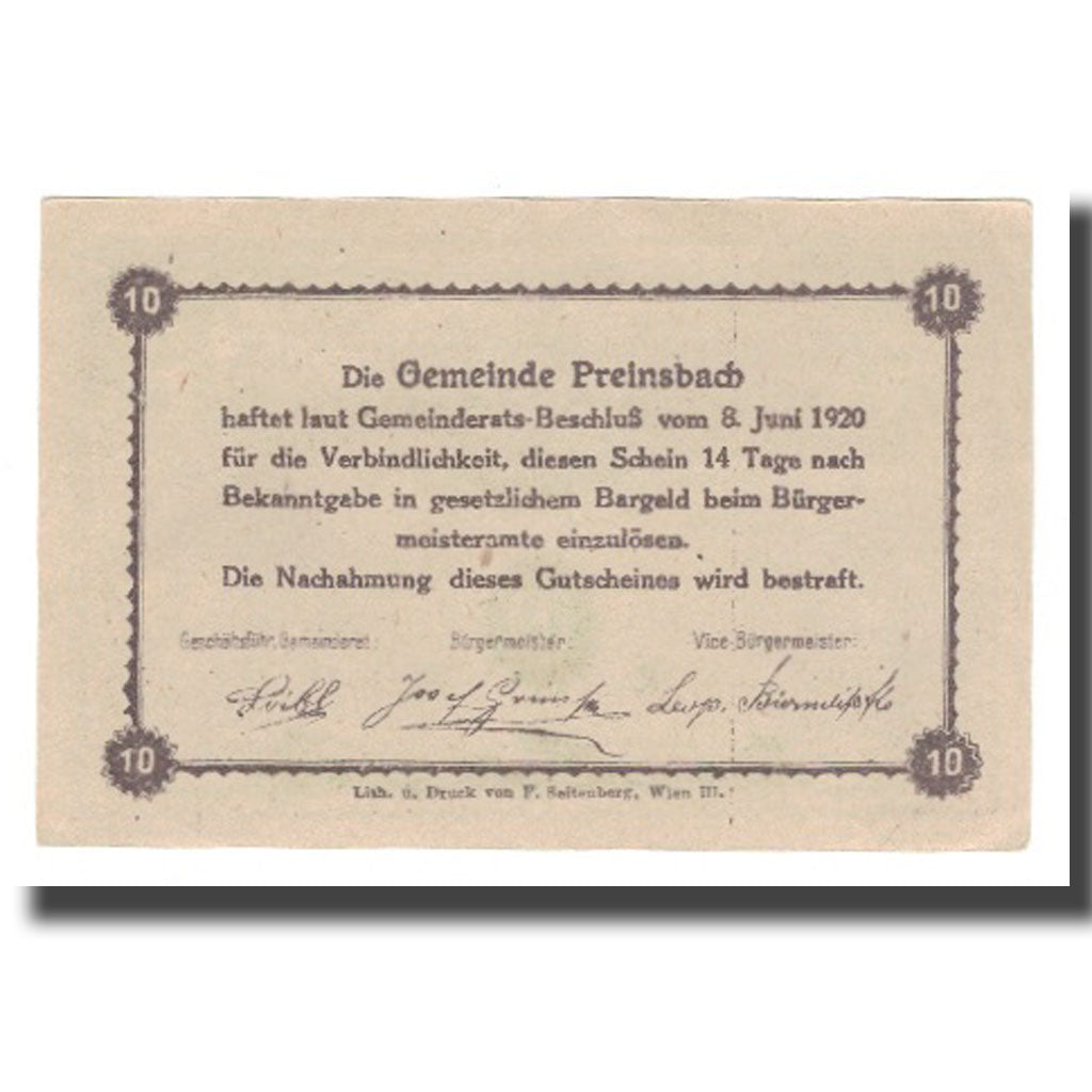 Billete, Austria, Preinsbach N.Ö. Gemeinde, 10 Heller, Texte, 1920, UNC