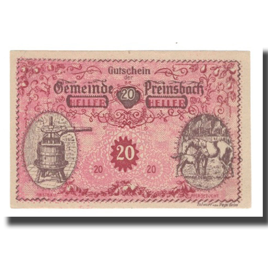 Billet, Autriche, Preinsbach N.Ö. Gemeinde, 20 Heller, texte 1, 1920, NEUF