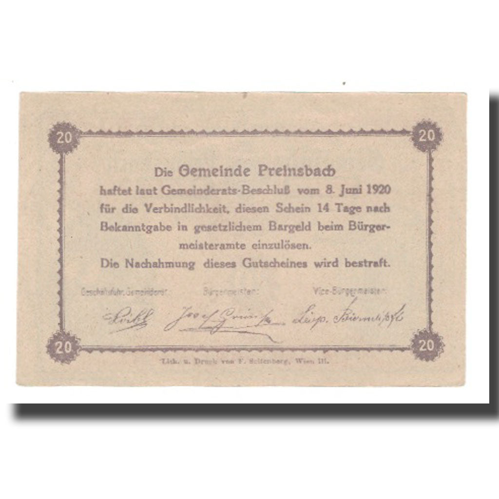 Billet, Autriche, Preinsbach N.Ö. Gemeinde, 20 Heller, texte 1, 1920, NEUF