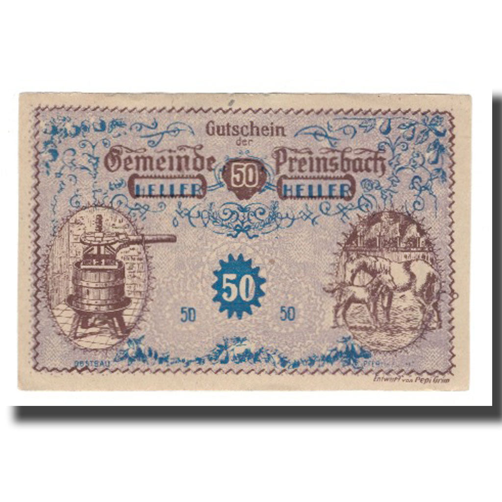 Banknote, Austria, Preinsbach N.Ö. Gemeinde, 50 Heller, Texte 2, 1920