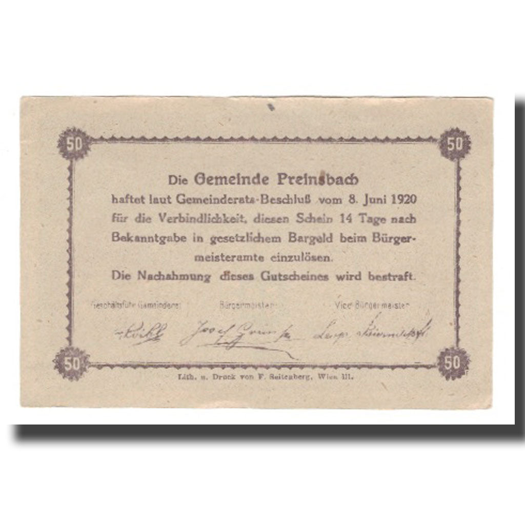 Banknote, Austria, Preinsbach N.Ö. Gemeinde, 50 Heller, Texte 2, 1920