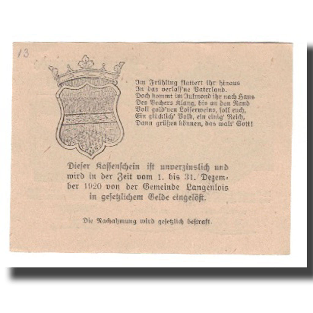 Nota, Áustria, Langenlois, 50 Heller, Blason 2, 1920, 1920-12-31, AU(55-58)