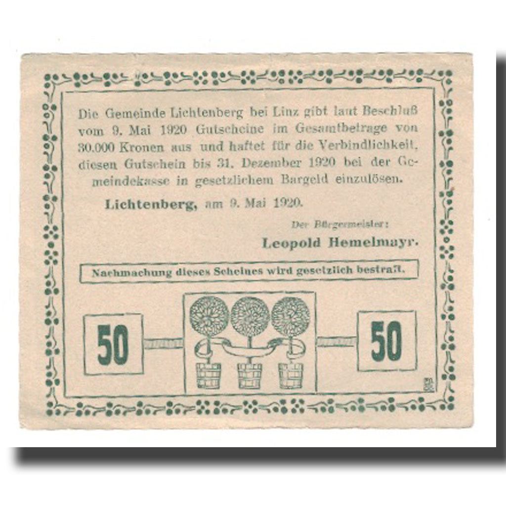 Banknote, Austria, Lichtenberg, 50 Heller, Texte, 1920, 1920-12-31, AU(55-58)
