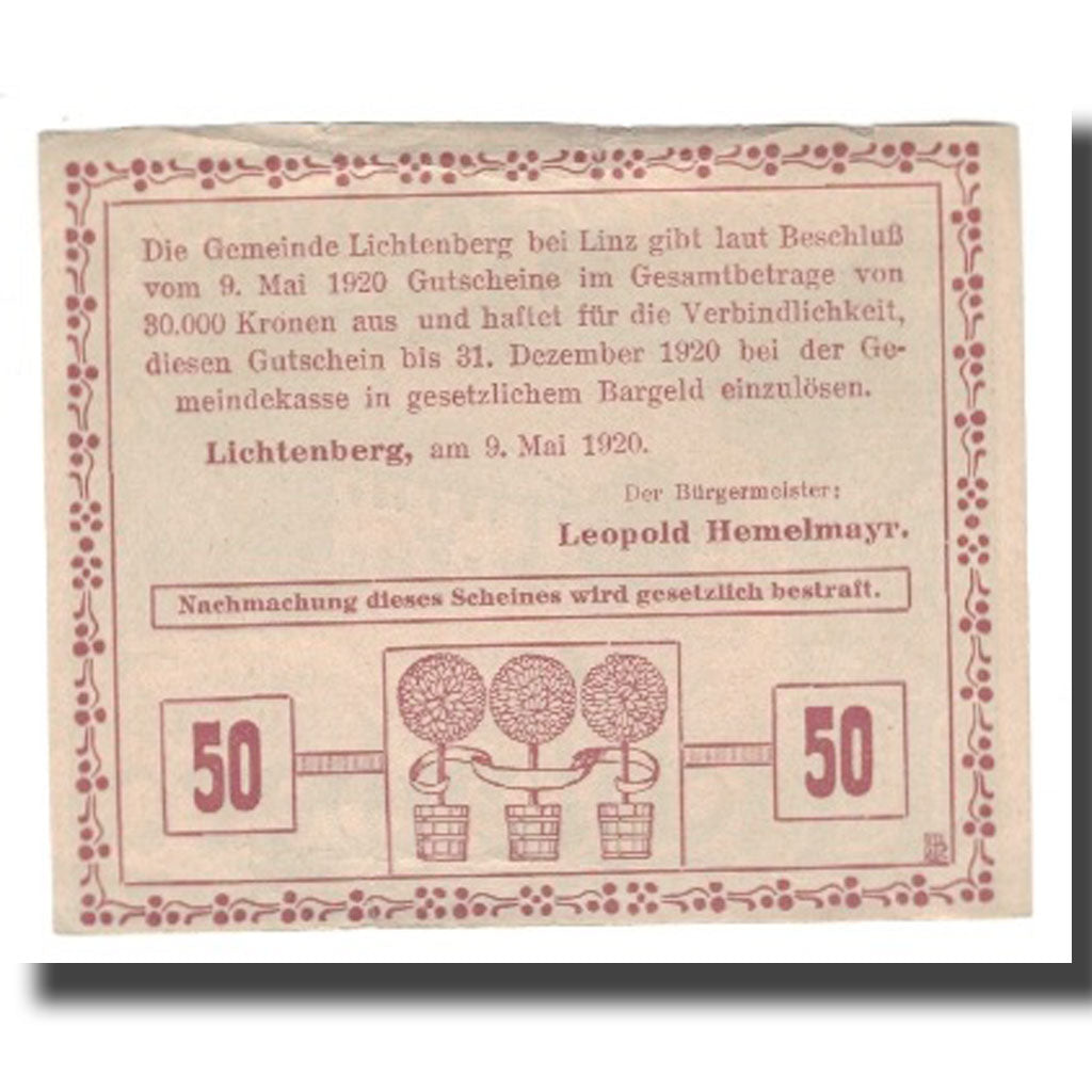 Nota, Áustria, Lichtenberg, 50 Heller, texte 1, 1920, 1920-12-31, AU(55-58)