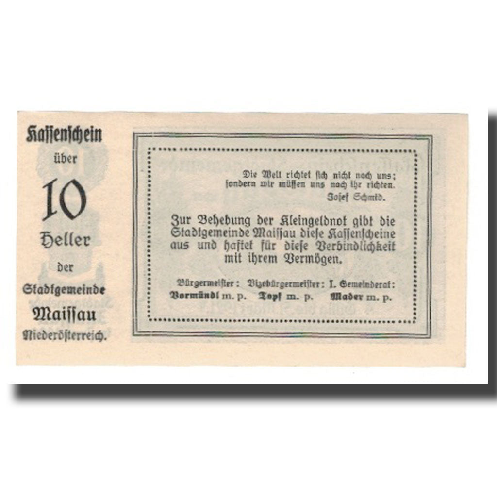Geldschein, Österreich, Maissau N.Ö. Stadtgemeinde, 10 Heller, Texte, 1921